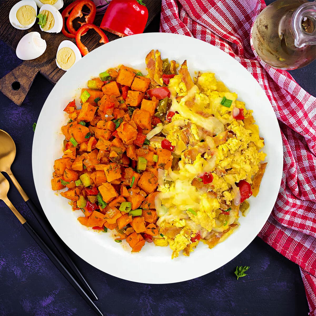 Chicken Bacon Scramble with Sweet Potato Hash